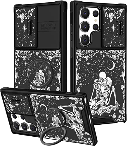 Goocrux (Coque 2 en 1 pour Samsung Galaxy S23 Ultra - Tête de Mort Squelette pour Femmes et Filles - Jolie Fleur Gothique - Motif Lune, étoile - Horreur - avec Coque coulissante pour Appareil Photo +