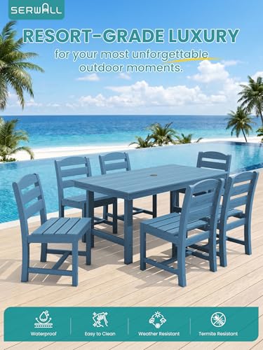 Image of SERWALL Outdoor HDPE Armless Dining Chairs Set of 4,All-Weather Use,Blue | Weather-resistant dining chairs resist fading and cracking, with armless design for comfortable outdoor seating.