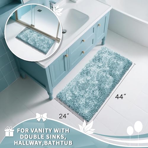 Image of Yimobra Long Bathroom Rug Non Slip 44x24 Inch, Extra Thick Soft Absorbent Chenille Bath Mat, Machine Washable Bath Rugs for Bathroom Floor, Tub and Shower, Home Decor Accessories, Greyish Blue
