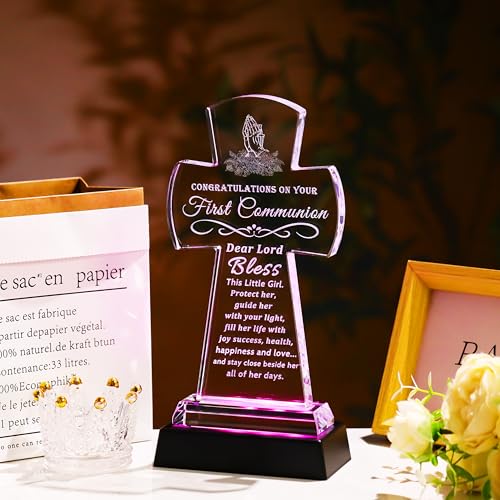Image of Qianwei First Communion Gifts for Girls Boys, Crystal Cross Gift 3D Engraving Crystal Praying Girl Figurine First 1st Communion Veil Decoration, Baptism Gifts for Girls Catholic