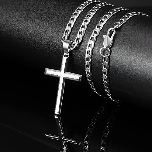 925 Sterling Silver Cross Necklace for Men Women 4.5mm Stainless Steel Highly Polished Cuban Link Chain Beveled Edge Crucifix Cross Pendant Necklace 16-28 Inches4