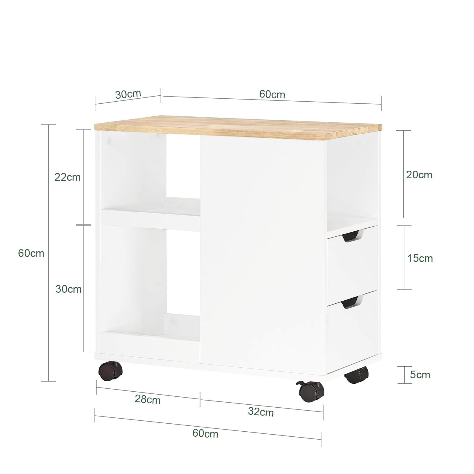 SoBuy Meuble Imprimante Mobile avec roulettes – Support d’Imprimante & Caisson Bureau avec Tiroirs et Rangement, Table d’appoint Bureau L60xP30xH60 cm, FBT130-WN