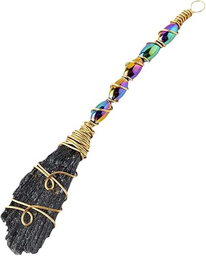 Varita mágica de escoba de cuarzo de turmalina negra natural para Halloween, colgante de escoba de cristal colorido, adorno de escoba de Halloween,