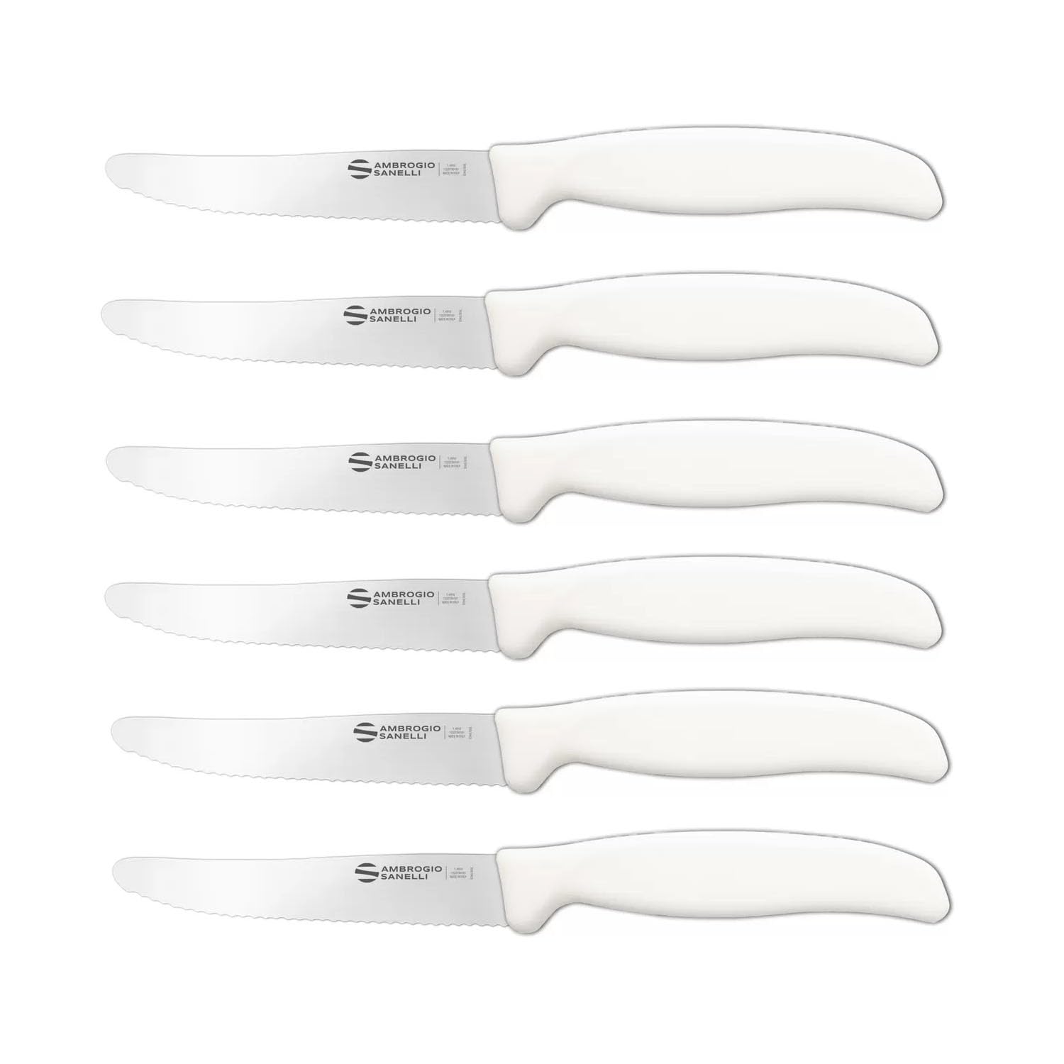 Ambrogio Sanelli ST72S11W Set di 6 Coltelli Professionali da Tavola Linea Supra Lama In acciao all'Azoto dentata Cm. 11, Manico Bianco