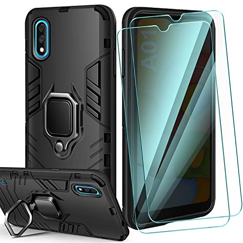 AROYI Funda Samsung Galaxy A01 & 2 x Protector Pantalla Cristal Templado, Suave Armadura híbrida Robusta Soporte Magnético Plegable Bumper Case Anti-arañazos Caja para Funda Samsung A01 - Negro