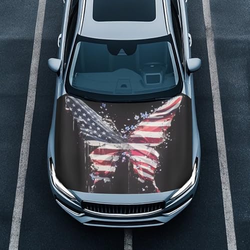 Image of Butterfly US Flag Car Hood Covers for Automobiles, Forget-Me-Not Flower American Flag Car Bonnet Banner Can be Washed Suitable for Most Vehicles Sedans Trucks SUVs
