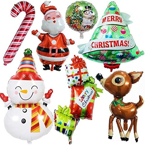 Christmas Decor Balloons, Giant 7pcs Mylar Foil Balloon Set, Santa Claus, Elk, Snowman, Reindeer, Candy Cane, Tree, Xmas Party Supplies Cover