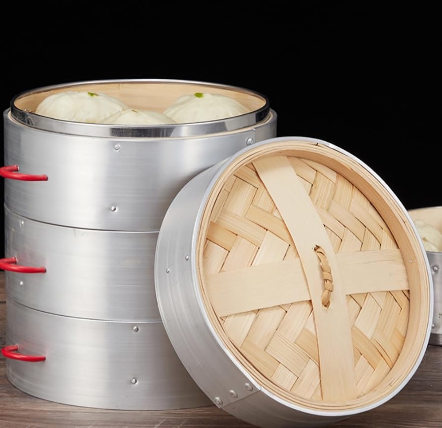 Luminexia Vaporiera Bamboo 3 Livelli con Coperchio,Cestello per la Cottura a Vapore in bambù,Pentola per Cottura a Vapore in Acciaio Inossidabile,per la Cottura di Dim Sum e Cottura a Vapore,3 Stili