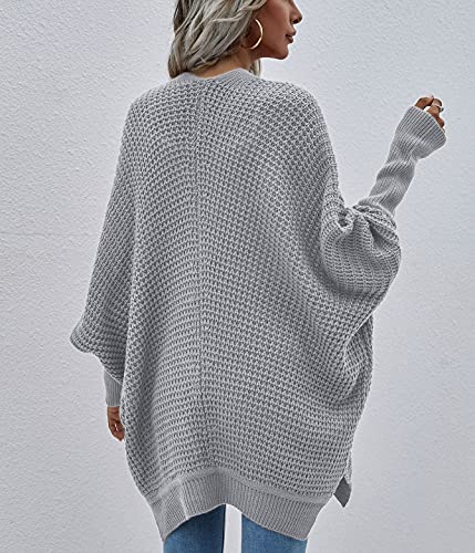 Image of Women's Waffle Cardigan Ribbed Cuffs Open Front Knit Sweater Batwing Long Sleeve Casual Loose Chunky Coat Outwear(M,Light grey2)