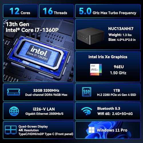 Image of Intel NUC 13 PRO, for ASUS NUC 13 Pro NUC13ANHi7 Arena Canyon, 13TH Gen CPU, 32GB RAM 1TB SSD, Core i7-1360P, Win 11 Pro Mini Desktop Computer, 8K, Thunderbolt 4 /WiFi-6 /VESA for Business /Office /Home