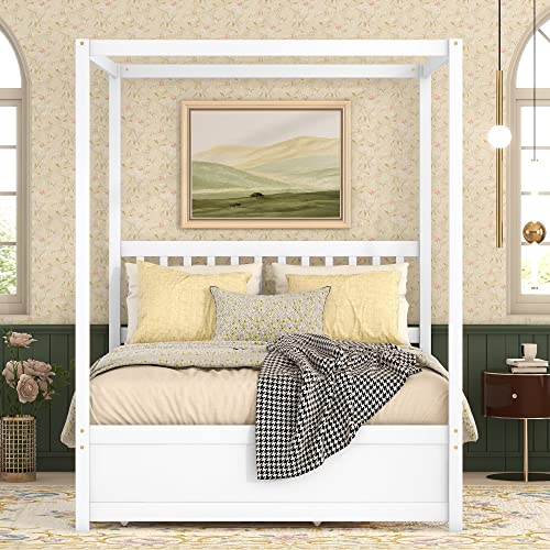 Full Size Canopy Bed With Trundle Bed, Solid Wood Full Platform Bed With Headboard, Slat Support Modern 4 Poster Bed For Kids, Teens, Adults. No Box Spring Needed (Full, White) #TOP2