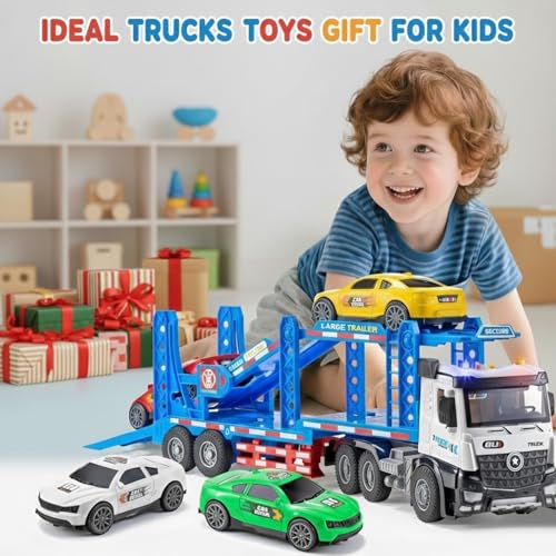 لعبة شاحنة حاملة سيارات كبيرة للاطفال من تويز لاند، شاحنة سباق مزدوجة الطبقات مع 4 سيارات سباق، العاب سيارات تعمل بالاحتكاك مع اضواء واصوات وهدايا عيد ميلاد للاولاد والبنات من سن 3-8 سنوات