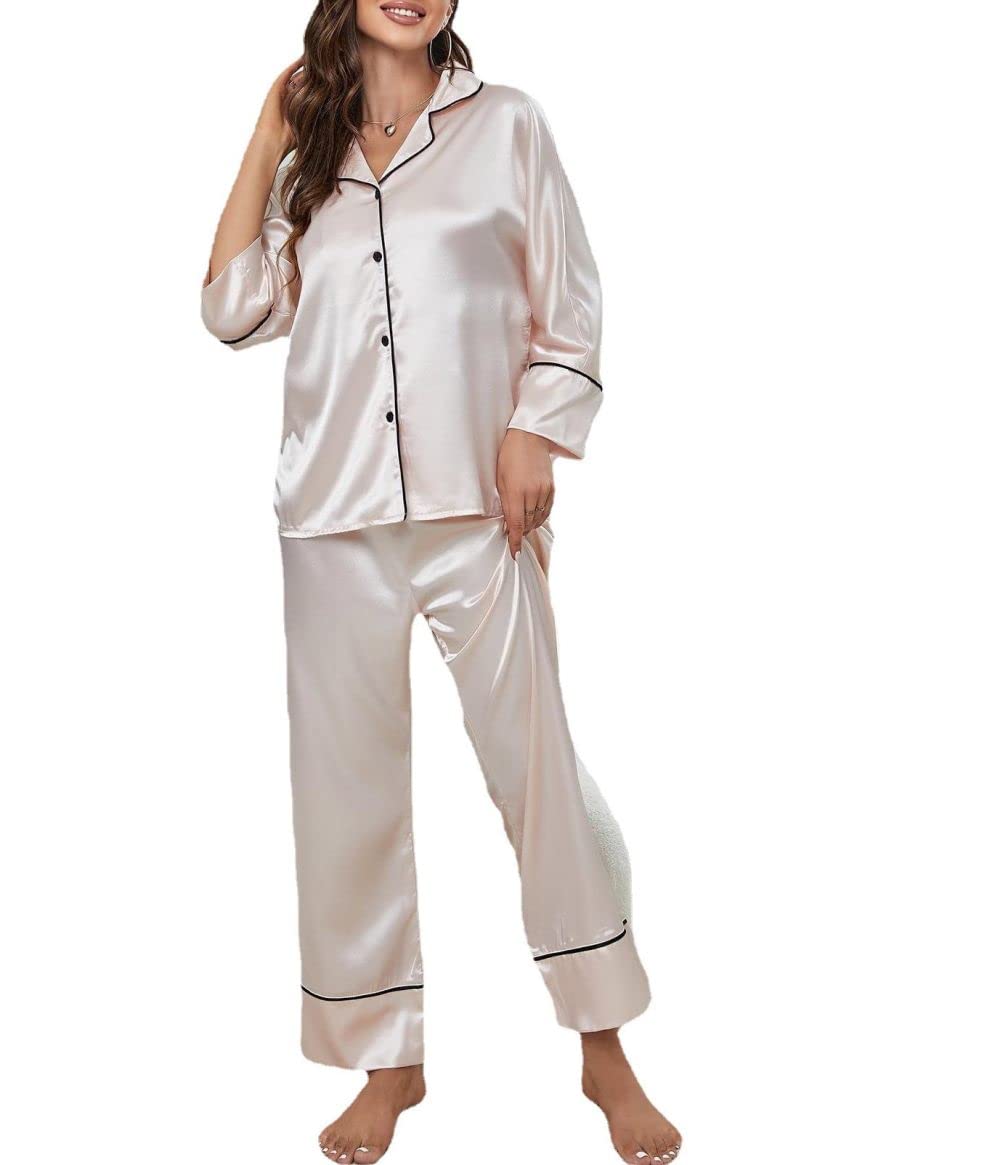 Pijamas para Mujer Pijama De Solapa De Satén De Seda para Mujer, Rosa, De Manga Larga, con Botones, Conjunto De Ropa De Dormir, Ropa De Salón Cómoda, Pijama, Esposa, No
