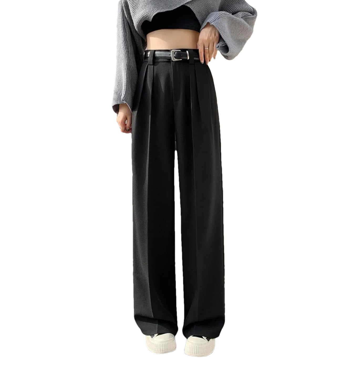 Women Solid Loose Wide Leg Pants High Waist Belt Work Straight Suit Pants with Pockets