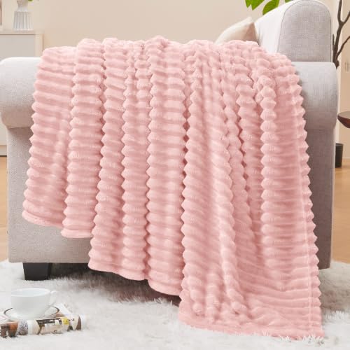 Image of BEDELITE 3D Ribbed Light Pink Fleece Twin Blanket for Couch, 60x80 Inch