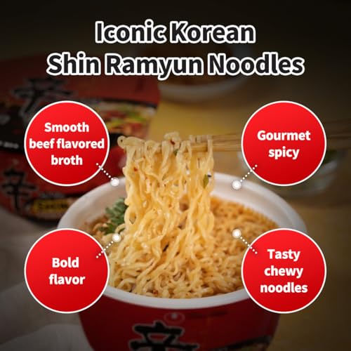 Image of Nongshim Shin Ramyun Bowl Noodles, Spicy Korean Signature Instant Ramyun, Rich Beef Flavored Broth, Quick and Easy, Microwaveable Bowl, 3.03 oz (Pack of 12)