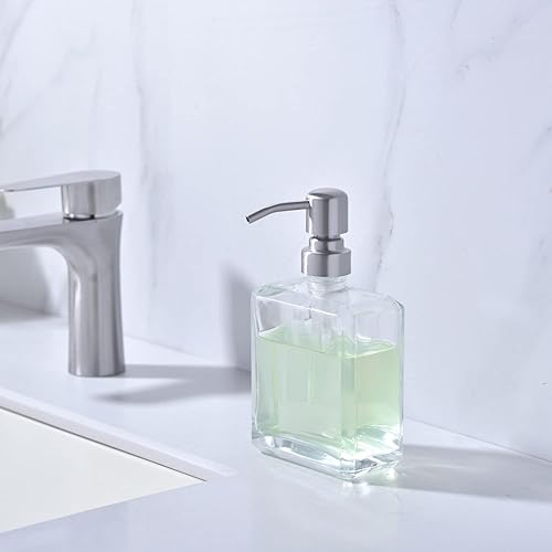 Miniatura 2 de Kmeino Juego de 2 dispensadores de jabón cuadrado de vidrio transparente, dispensador de jabón de manos recargable con bomba de acero inoxidable a