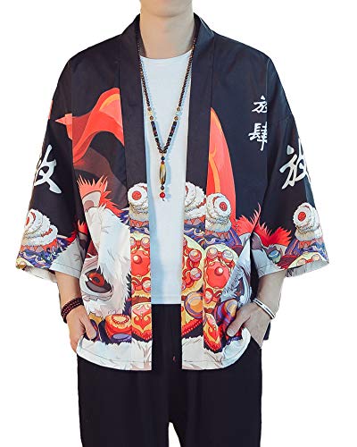 Image of PRIJOUHE Men's Lightweight Kimono Jacket Seven Sleeve Open Front Cardigan Coat Japanese Style Bathrobe
