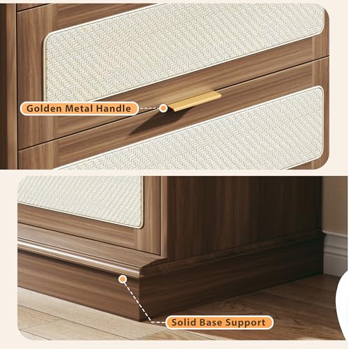Image of HUAHUU 6 Drawer Dresser for Bedroom, 50 Inch Tall Dressers & Rattan Chest of Drawers, Mid Century Style, Wood Modern Dressers Organizer for Bedroom, Living Room, Hallway, Entryway, Walnut