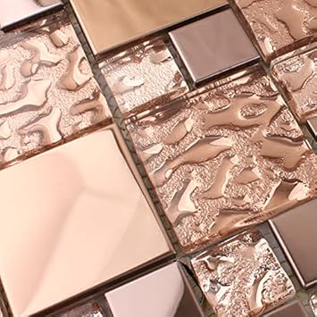 Hominter Rose Gold Metallic Mosaic Textured Glass Tile Shiny Metal Luxury Backsplash for Kitchen & Bathroom, Accent Wall Tiles 6 Square Feet