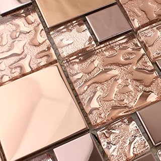 Hominter Rose Gold Metallic Mosaic Textured Glass Tile Shiny Metal Luxury Backsplash for Kitchen & Bathroom, Accent Wall Tiles (6 Square Feet)
