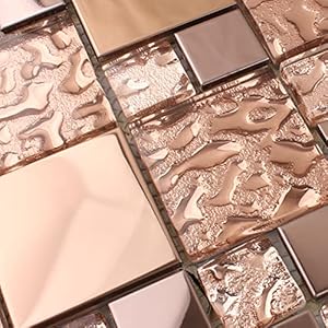 Hominter Rose Gold Metallic Mosaic Textured Glass Tile Shiny Metal Luxury Backsplash for Kitchen & Bathroom, Accent Wall Tiles (6 Square Feet)
