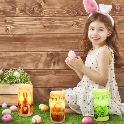 Image of Retisee 3 Pcs Farmhouse Easter Flameless LED Candles Battery Operated Bunny Spring Flickering Pillar Candles with Remote Rabbit Happy Easter Centerpiece for Bedroom Living Room Dinner Table Decoration
