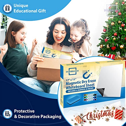 Magnetic Fridge Whiteboard Sheet For Kitchen Refrigerator - Dry Erase Magnetic White Board Organizer & Planner 11"X17" Strong Magnet With Stain Resistant Technology Includes 6 Markers And Big Eraser #TOP6