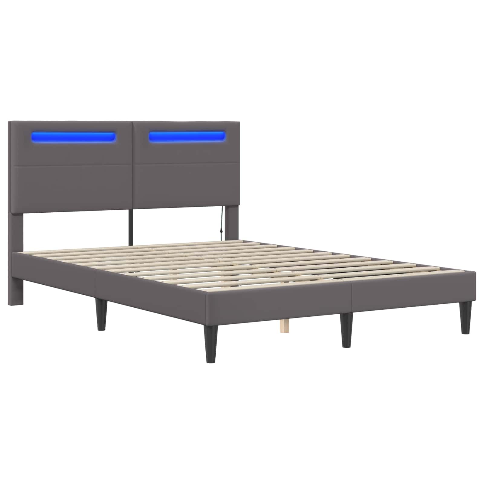 Marco de cama con tiras de luz LED, gris, 120 x 190 cm, piel sintética, cama doble moderna con alimentación USB para muebles de dormitorio
