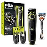 Braun Barttrimmer und Haarschneider BT3041, 39 Längeneinstellungen, inkl. Gillette Rasierer, schwarz/grün
