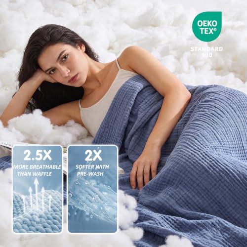 Image of EMME Muslin Cotton Blanket Adults Heather Navy Super King 120 inchx94 inch