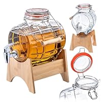 KADAX Fass mit Hahn 3L, fassförmiger Getränkespender aus Glas mit Zapfhahn, transparenter Spender mit Holzuntersatz, Alkoholspender ideal für Whisky, Brandy, Säfte, Limonade