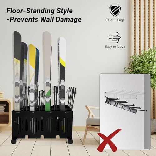 Eastrexon 12-Pair Ski Storage Rack w/Width-Adjustable Fixing Bars, Heavy Duty Metal Freestanding Ski Rack - Ideal Organizer for Garage, Home and Store, 26\" L ×25.2\" W ×13.6\" H - Thumbnail 5