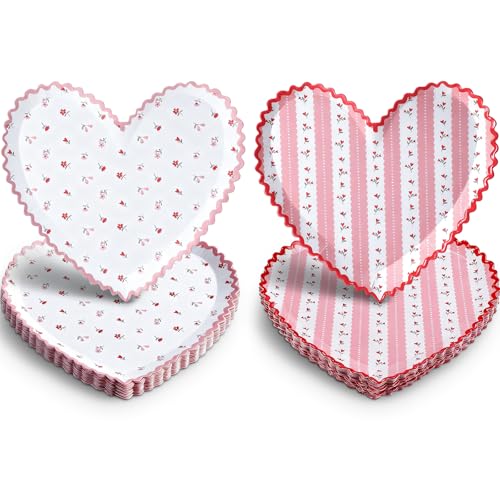 Yungyan 50 Pcs Valentines Scalloped Heart Disposable Plates Bulk 9 Inch Vintage Rose Heart Paper Plates Pink Dinner Dessert Plate Party Supplies for Valentines Day Decoration Women, 2 Styles