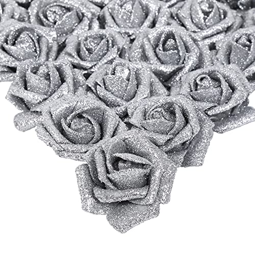 IPOPU Silver Roses Artificial Flowers 25PCS Foam Glitter Roses Glitter Flowers Fake Rose with Stems for DIY Wedding Bridal Bouquet Home Party Christmas Decoration(Silver)