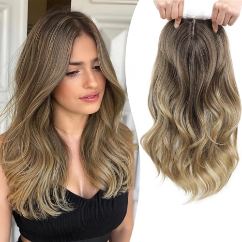 Fine Plus 18 Inch Hair Toppers for Women with Thinning Hair, 6.5” x 6.5” Large Base Coverage Synthetic Hairpiece with Natural Body Wavy Texture in Ash Brown to Blonde Ombre for Daily Wear