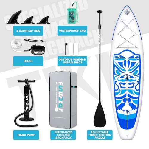 FunWater Tiki Aufblasbares SUP Board – Für Alle Könnensstufen | Inklusive Paddel, Hochdruckpumpe, ISUP-Reisetasche, Sicherheitsleine, Wasserdichter Tasche & Finnen