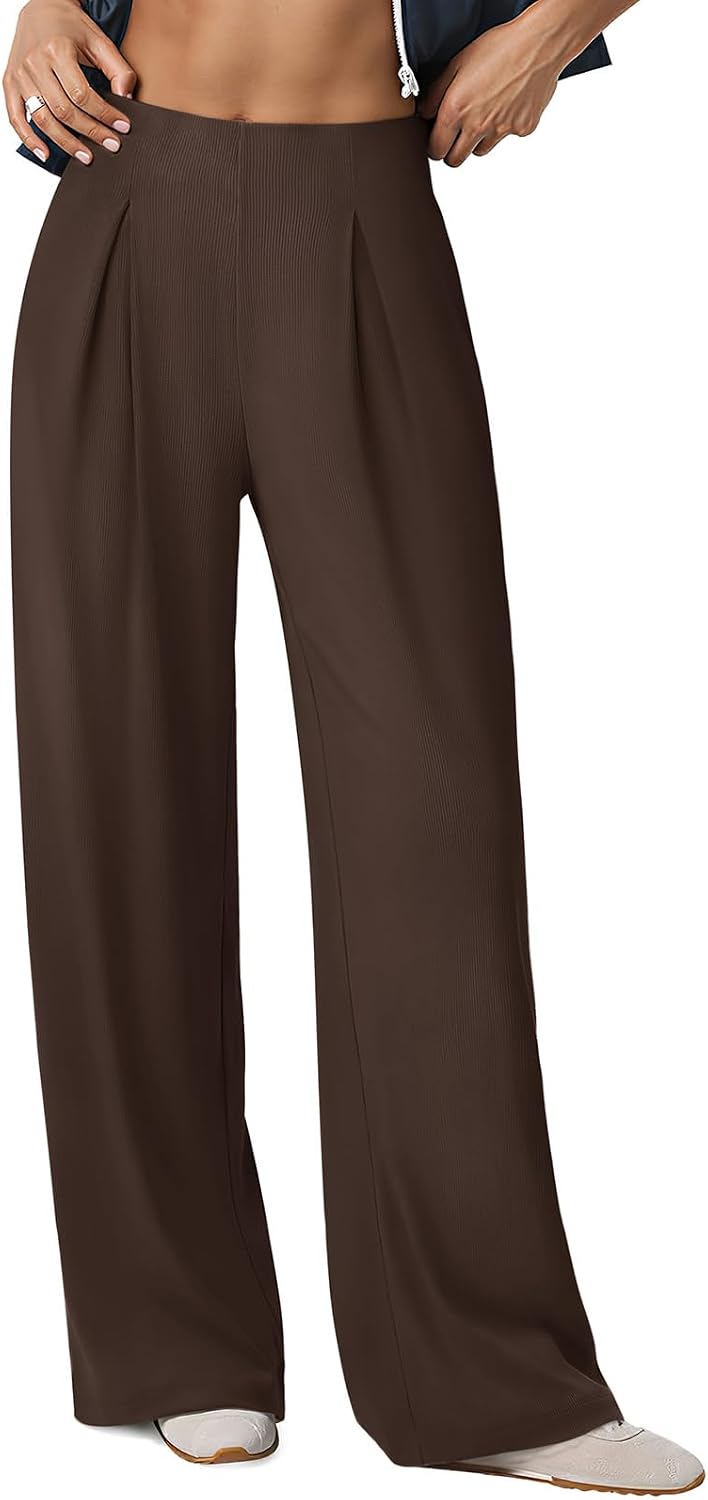 LASLULU Women Wide Leg Flowy Yoga Pants Pleated Rib Knit Lounge Pants