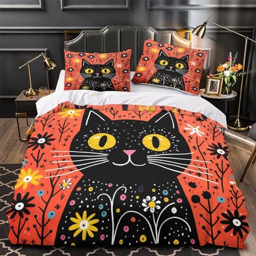 Housse de couette imprimé 3D fleurs et chat avec fermeture éclair 3pcs