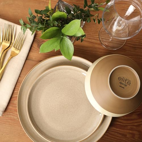 Image of Gibson Elite Octavia Place 16 Piece Stoneware Dinnerware Set, Service for 4, Coupe Modern Plates & Bowls, Reactive Glaze Finish, Taupe, Microwave & Dishwasher Safe