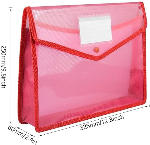 Image of HCS A4 Document File Bag, Transparent Envelope Holder Storage Case, Snap Button Organizer, Plastic Container for Papers, Stationery (Multi-Color) (Pack of 2)