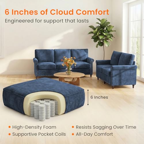Image of ijuicy 2 PCS Sofa and Loveseat Set, Chenille Living Room Couches, Navy Blue | Modern Upholstered Sofa and Loveseat Living Room Furniture Sets with 6 inch Thicken Cushio, Nailhead Trim