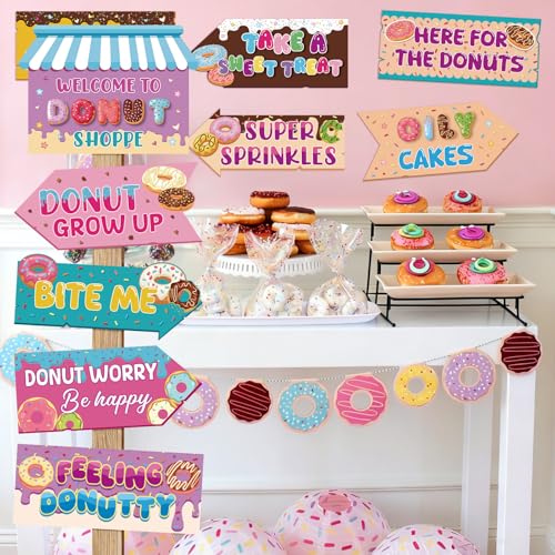 Image of Hooqict 20 Pieces Doughnut Party Sign Welcome to Donut Party Directional Signs for Kids Girls Sweet Donut Themed Birthday Decorations Supplies