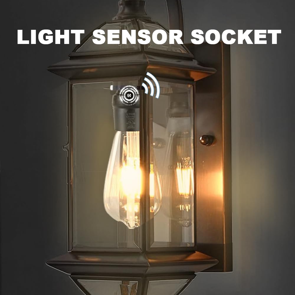 Light Sensor Socket, Dusk to Dawn Sensor Socket, E26 E27 Light Bulb Socket for Light Fixtures, Bulb Base Adapter for Outdoor Lighting, UL Listed, 2 Pack