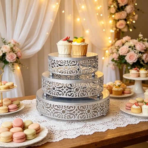 Amedoo Silver Cake Stand, 3Pcs Round Metal Cake Stand Set, Dessert Cupcake Pastry Candy Display Plate 8" 10" 12" for Wedding, Event, Birthday Party (Silver Cake Stands / 3 Pcs) by Amedoo - Image 2