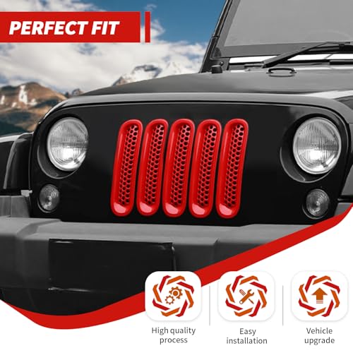 Image of Front Grille Inserts Grill Mesh Clip-on Trim Covers Exterior Accessories Compatible with Jeep Wrangler JK & JKU 2007-2017,Red