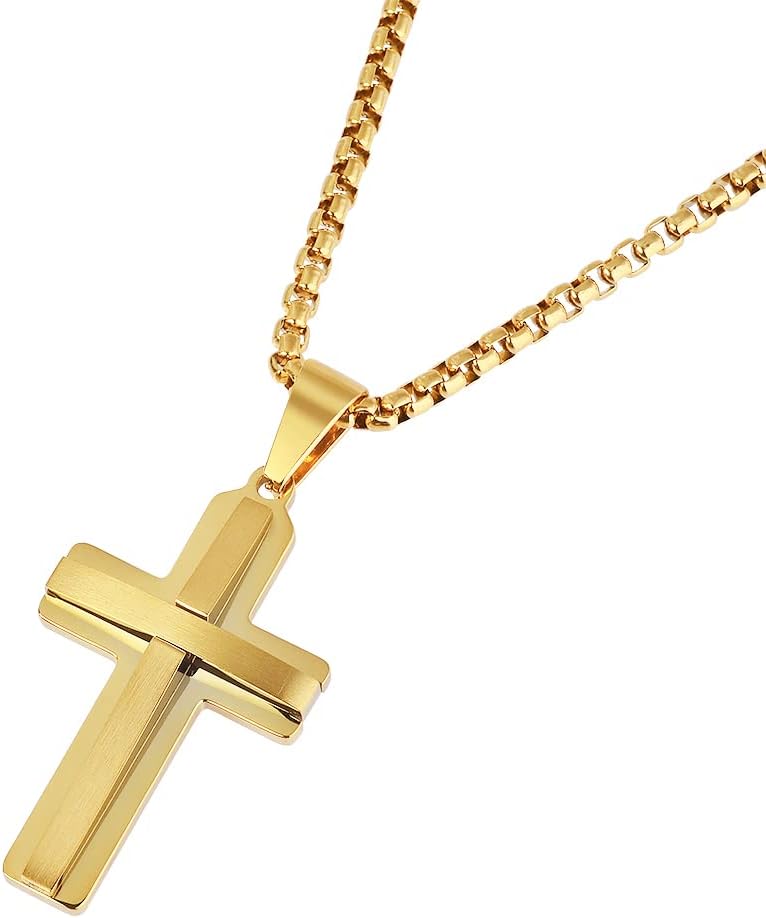 Edforce Stainless Steel Double Layer Cross Pendant Necklace for Men