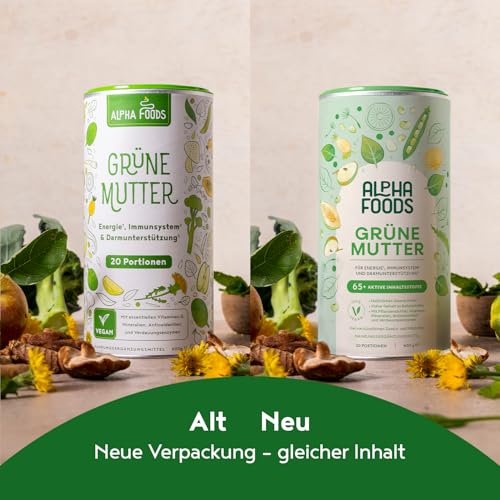 Grüne Mutter 2.0 - Das Original - Greens Shake - Akazienfaserpulver, Weizengras, Brennnessel, Mariendistel, Alfalfa, Chlorella und mehr - Smoothie Shake - 600g Pulver - Alpha Foods
