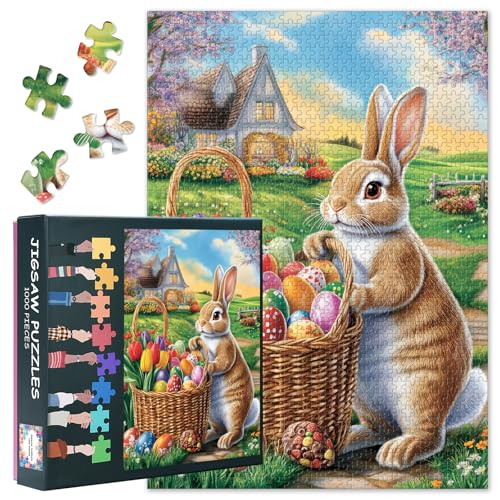 1000 Teile Puzzle für Erwachsene: Ostern Motiv mit Eiern Hase Tulpen | Premium Kunst Puzzle Frühlingslandschaft | Kreatives Geschenk & Wanddeko für Wohnzimmer Schlafzimmer | 70 x 50 cm