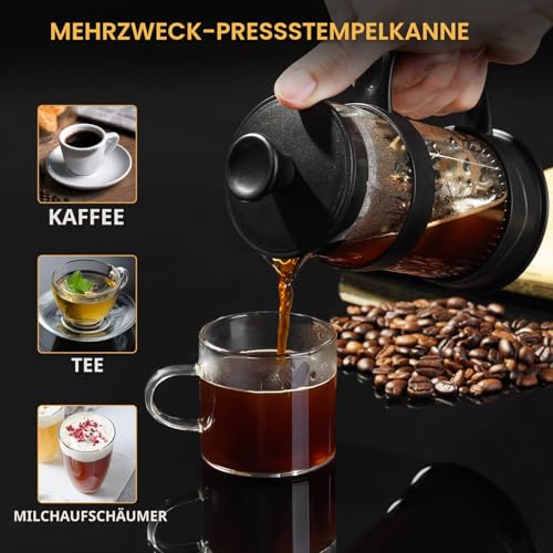 ParaCity French Press Kaffeebereiter, Kaffeepresse aus Edelstahlfilter und hitzebeständigem Glas, Kaltbrüh-Kaffeemaschine, gut als Geschenk für Reisen und Zuhause (Schwarz 350 ml)